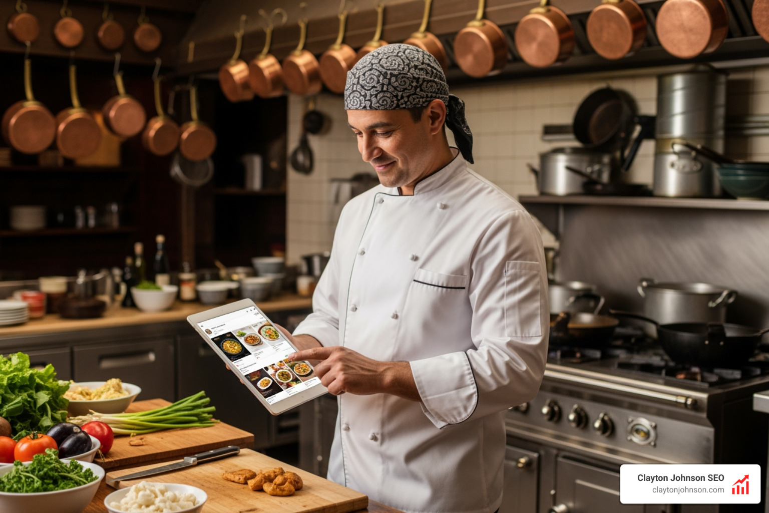 Chef using a tablet in a traditional kitchen to manage AI marketing workflows - ai marketing for ethnic cuisine restaurants