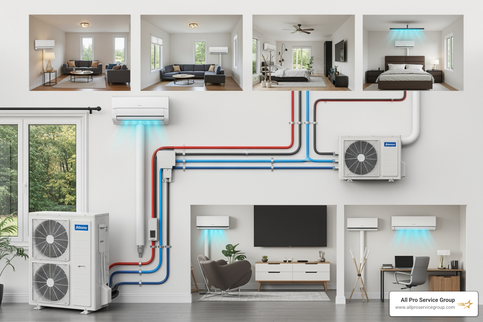 A multi-zone outdoor unit connecting to several indoor units in different rooms - ductless mini splits