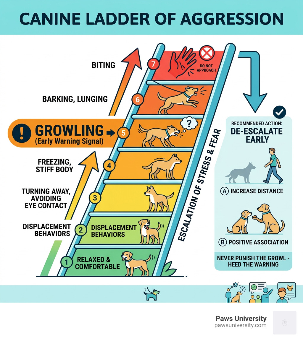Canine Ladder of Aggression infographic showing growling as an early warning signal in escalation - how do i stop my dog Canine Ladder of Aggression infographic showing growling as an early warning signal in escalation - how do i stop my dog