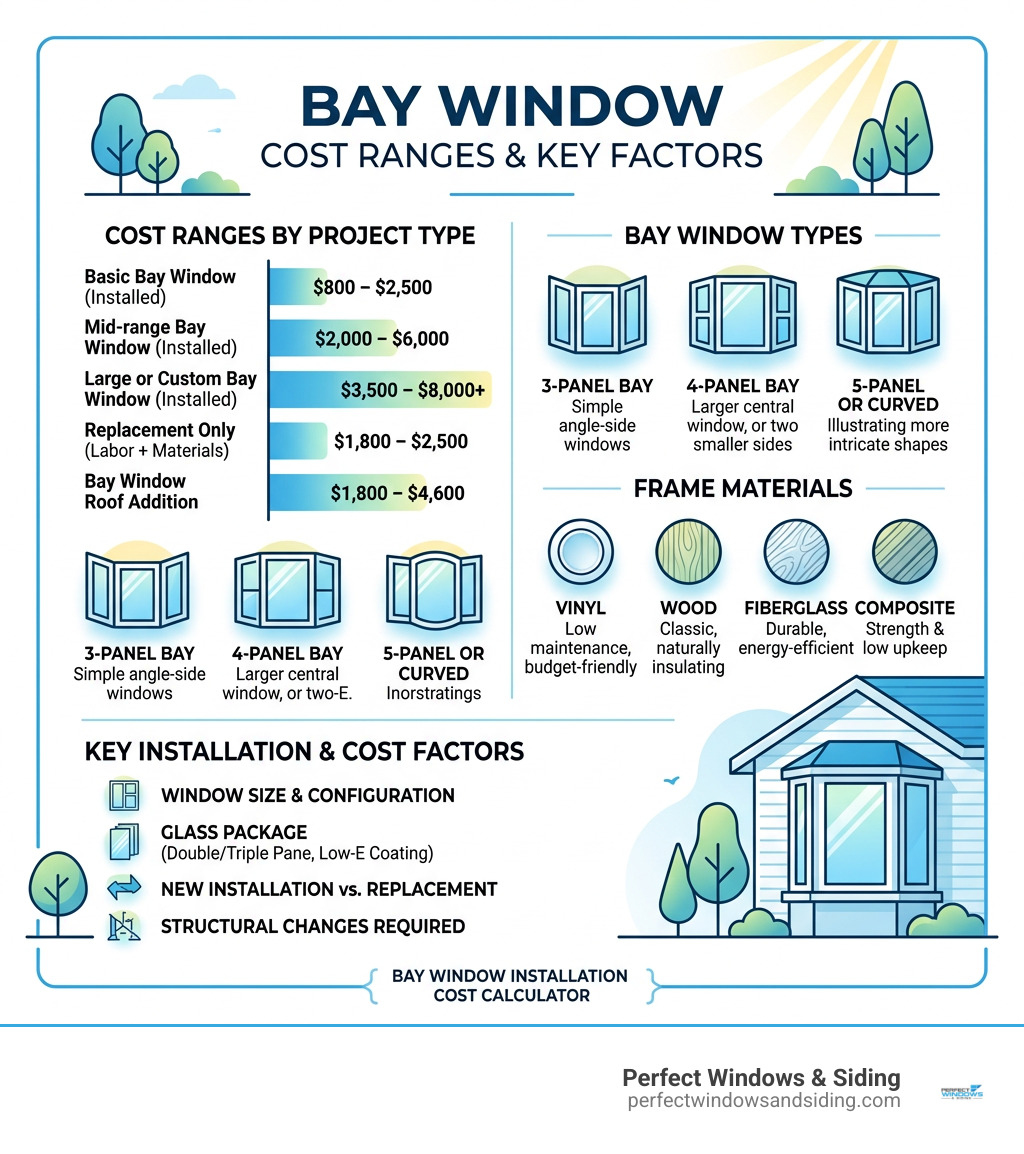 Infographic showing bay window cost ranges by size, material, and type with key installation factors - bay window