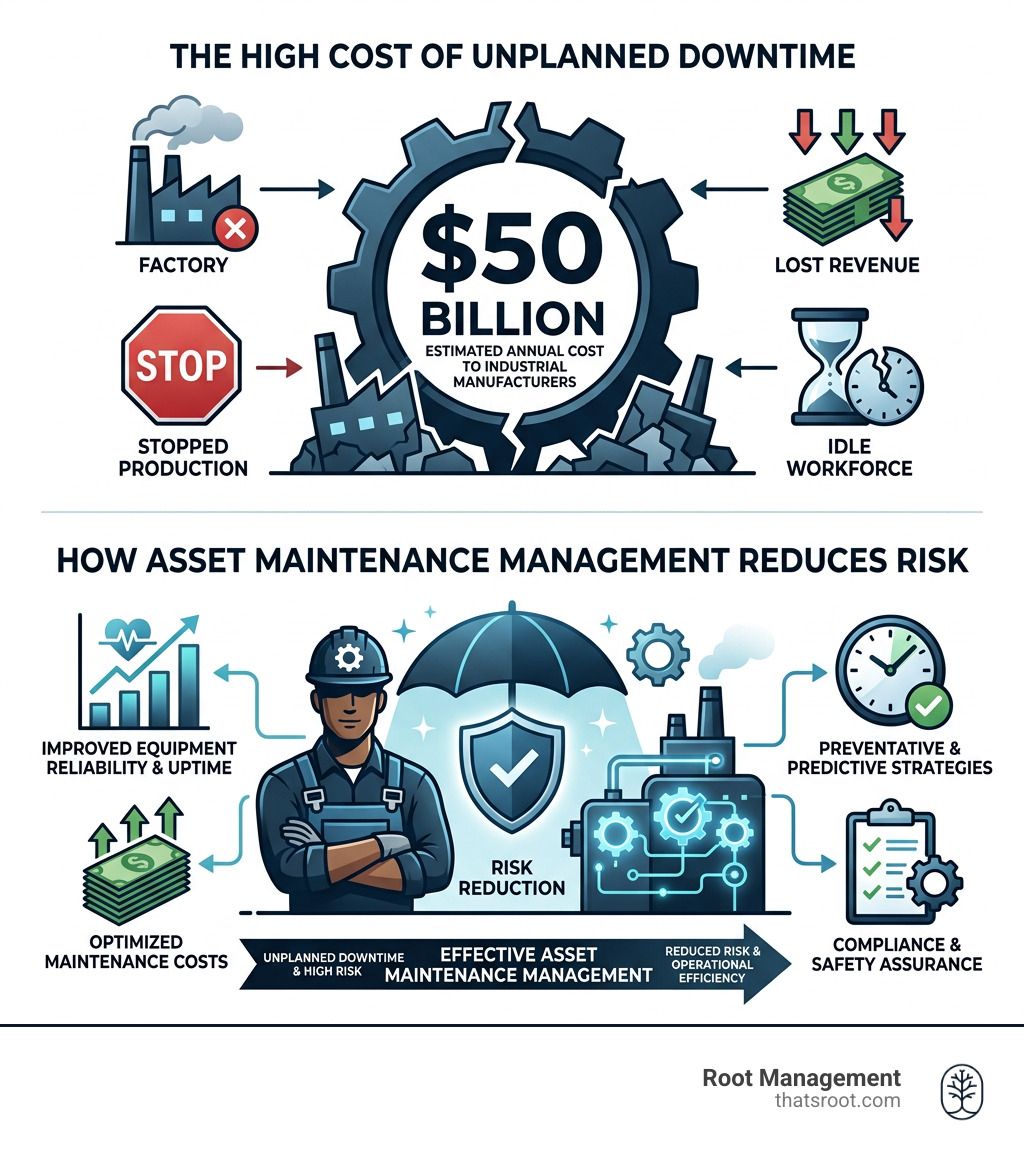 Infographic showing $50 billion annual cost of unplanned downtime and how asset maintenance management reduces risk - asset Infographic showing $50 billion annual cost of unplanned downtime and how asset maintenance management reduces risk - asset