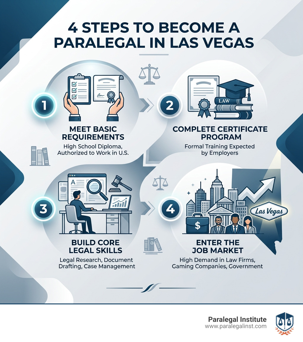 Infographic showing 4 steps to become a paralegal in Las Vegas: meet basic requirements, complete certificate program, build