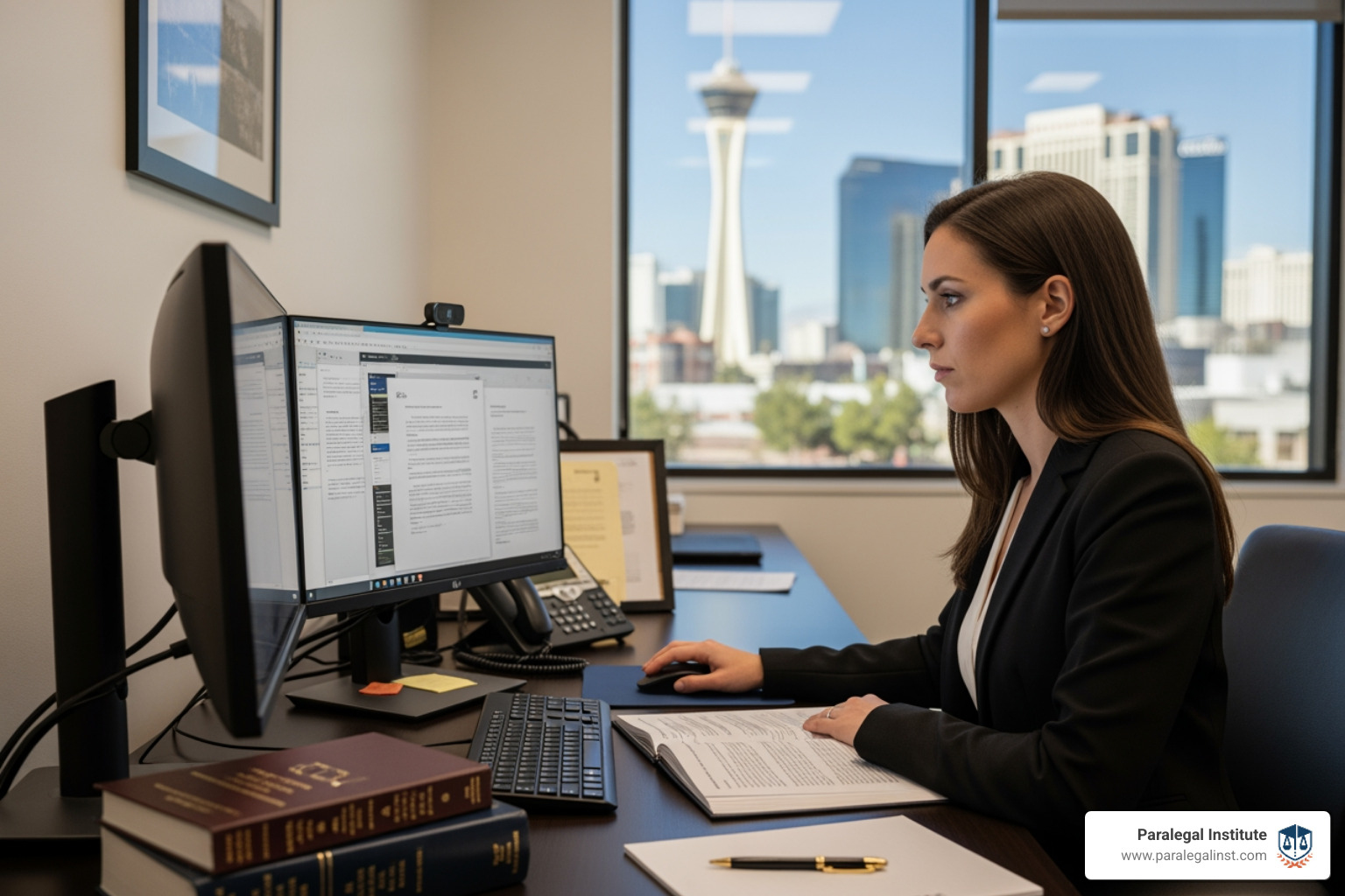 Paralegal in Las Vegas conducting legal research on a computer - how to become a paralegal in las vegas