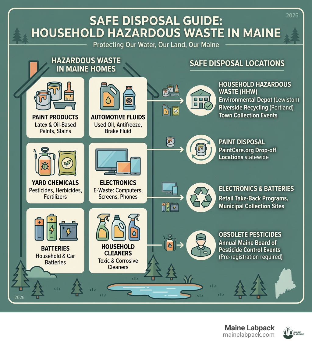 Infographic showing common household hazardous waste types in Maine homes and where to dispose of them - hazardous waste Infographic showing common household hazardous waste types in Maine homes and where to dispose of them - hazardous waste