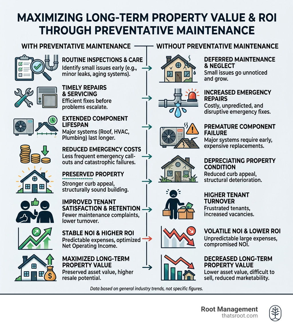 Infographic showing the impact of preventative maintenance on long-term property value and ROI - house management services Infographic showing the impact of preventative maintenance on long-term property value and ROI - house management services