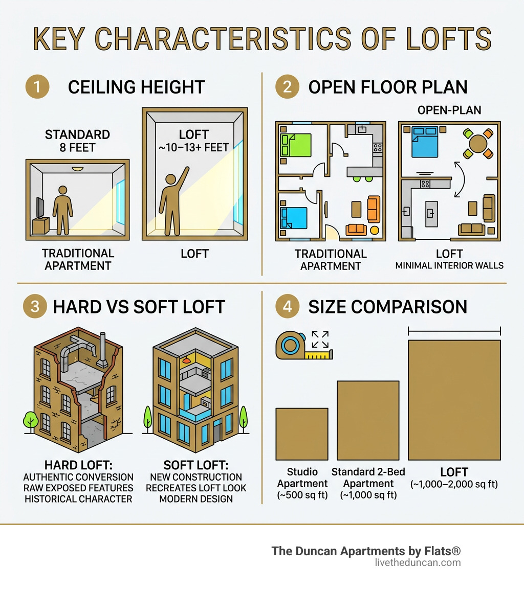 Key characteristics of lofts: ceiling height, floor plan, hard vs soft loft, size comparison - lofts infographic Key characteristics of lofts: ceiling height, floor plan, hard vs soft loft, size comparison - lofts infographic