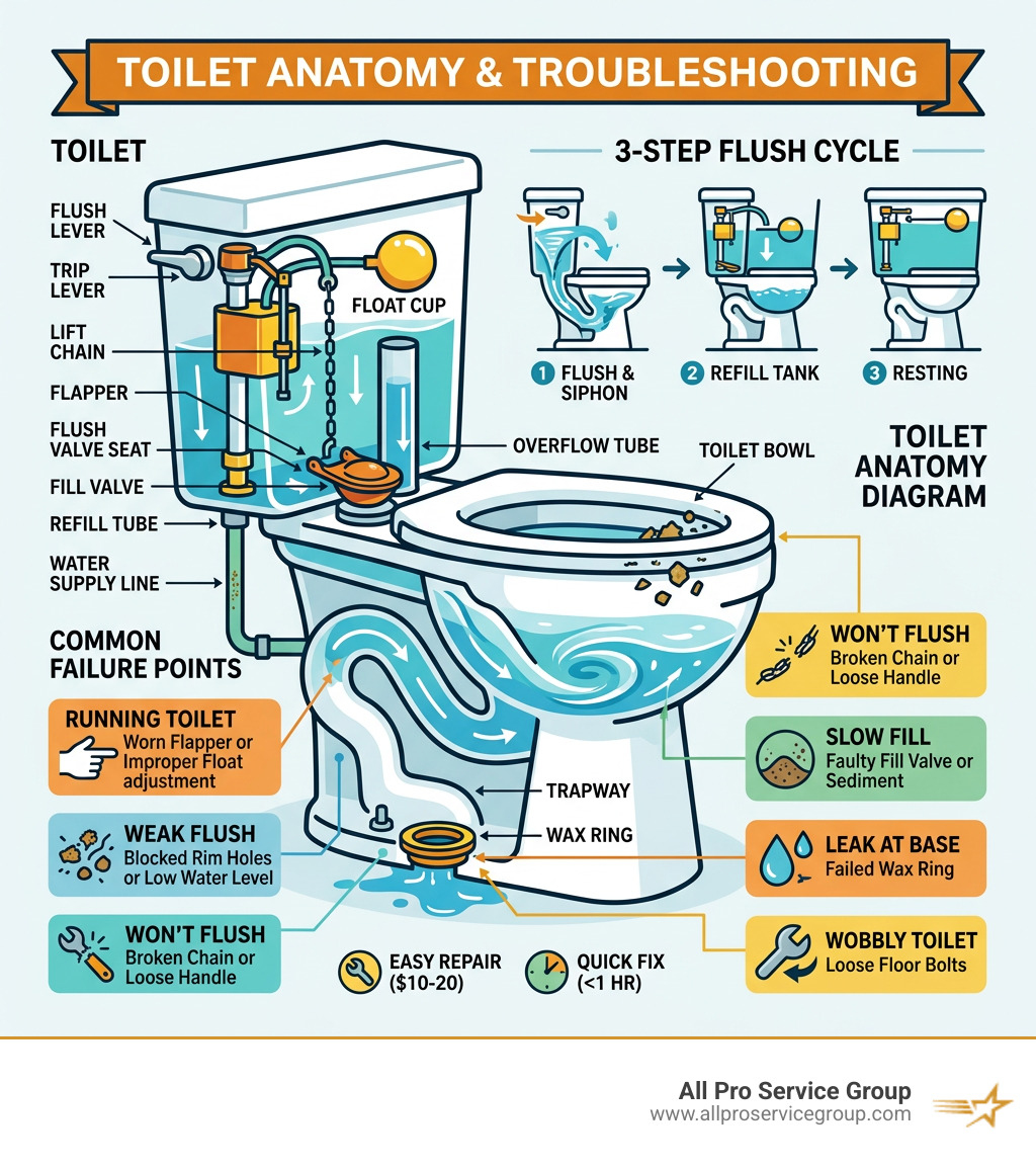 Toilet anatomy diagram showing tank components, flush cycle, and common failure points - toilet repair infographic 