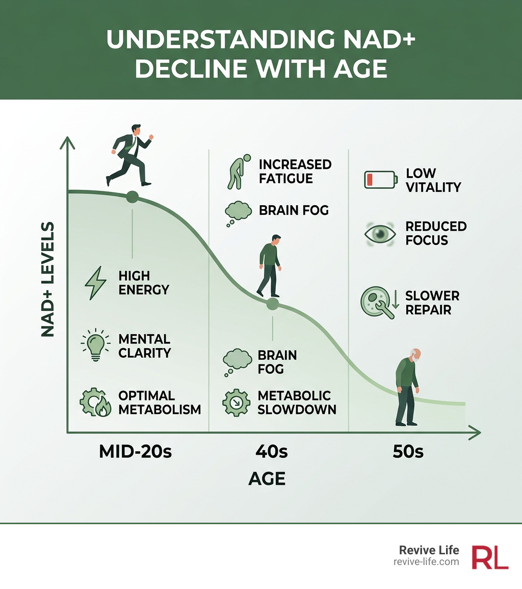 Infographic showing NAD+ level decline with age from mid-20s to 50s and associated symptoms - nad treatment near me