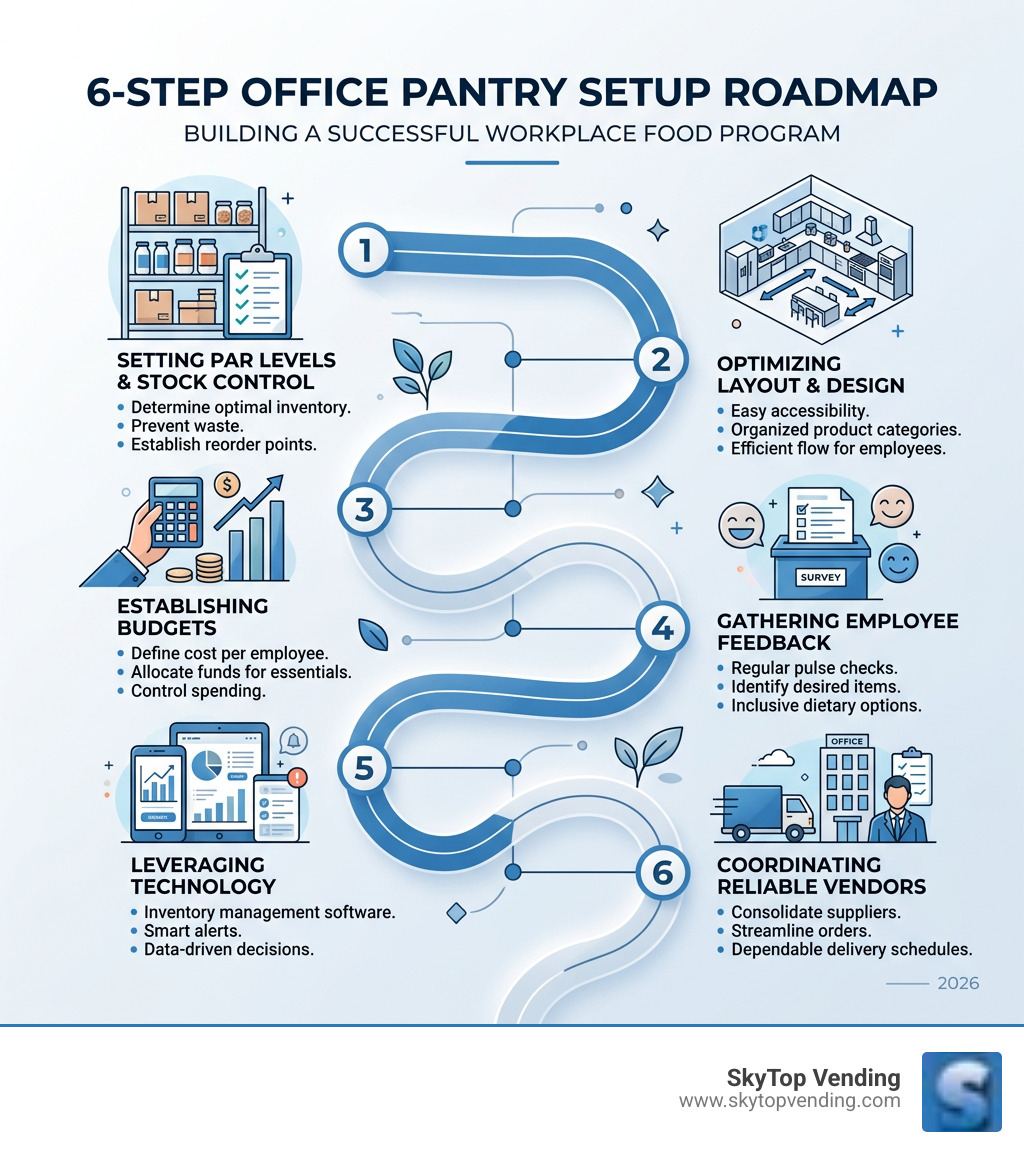 6-step roadmap infographic for successful office pantry setup showing stock, layout, budget, feedback, tech, and vendor 6-step roadmap infographic for successful office pantry setup showing stock, layout, budget, feedback, tech, and vendor