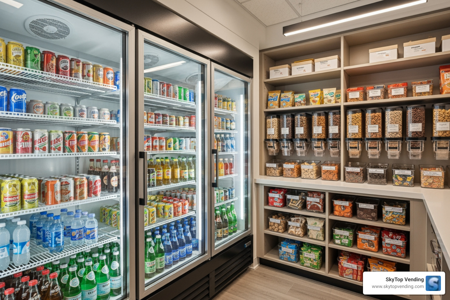Organized office pantry with glass-front fridges and clear bins - Office pantry management Organized office pantry with glass-front fridges and clear bins - Office pantry management