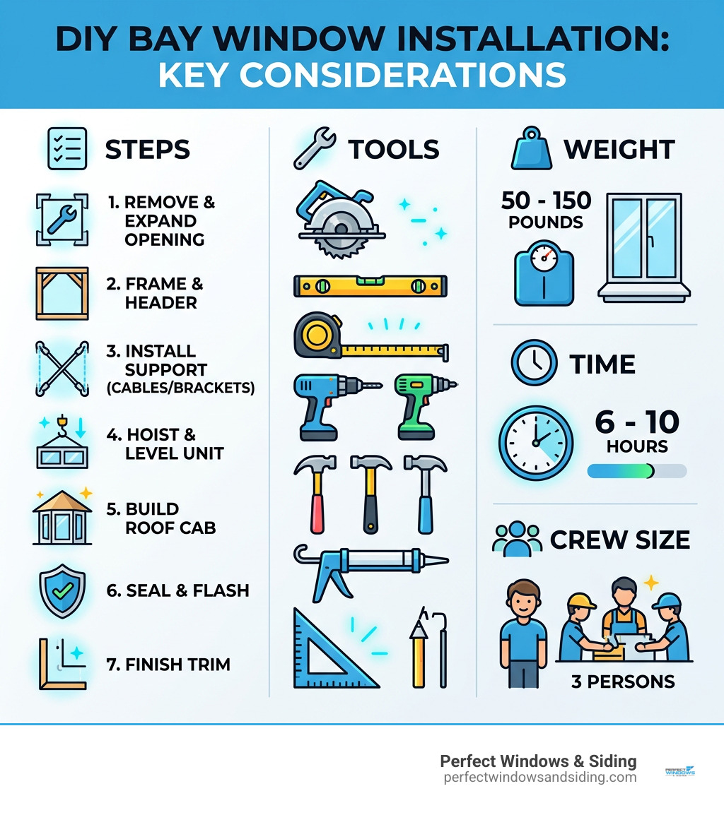 Infographic comparing key steps, tools, weight, time, and crew size for DIY bay window installation - diy bay window Infographic comparing key steps, tools, weight, time, and crew size for DIY bay window installation - diy bay window