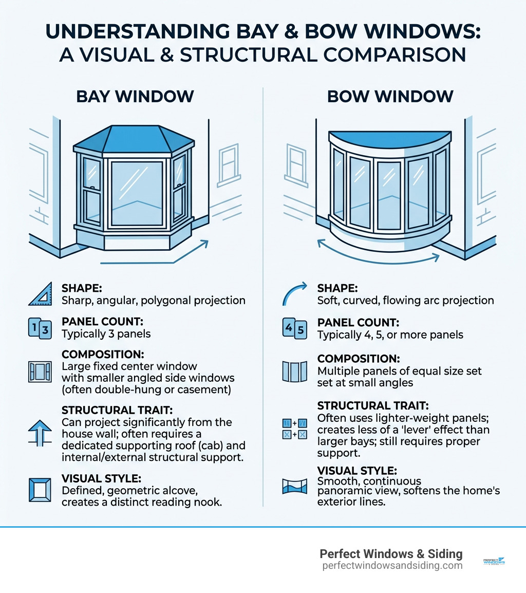 Infographic explaining the visual and structural differences between bay and bow windows - diy bay window installation Infographic explaining the visual and structural differences between bay and bow windows - diy bay window installation