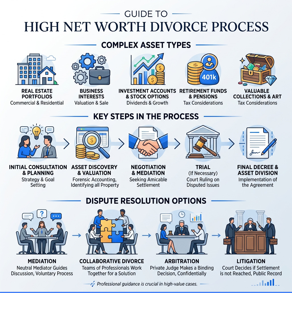 High net worth divorce process infographic showing asset types, key steps, and dispute resolution options - high net worth