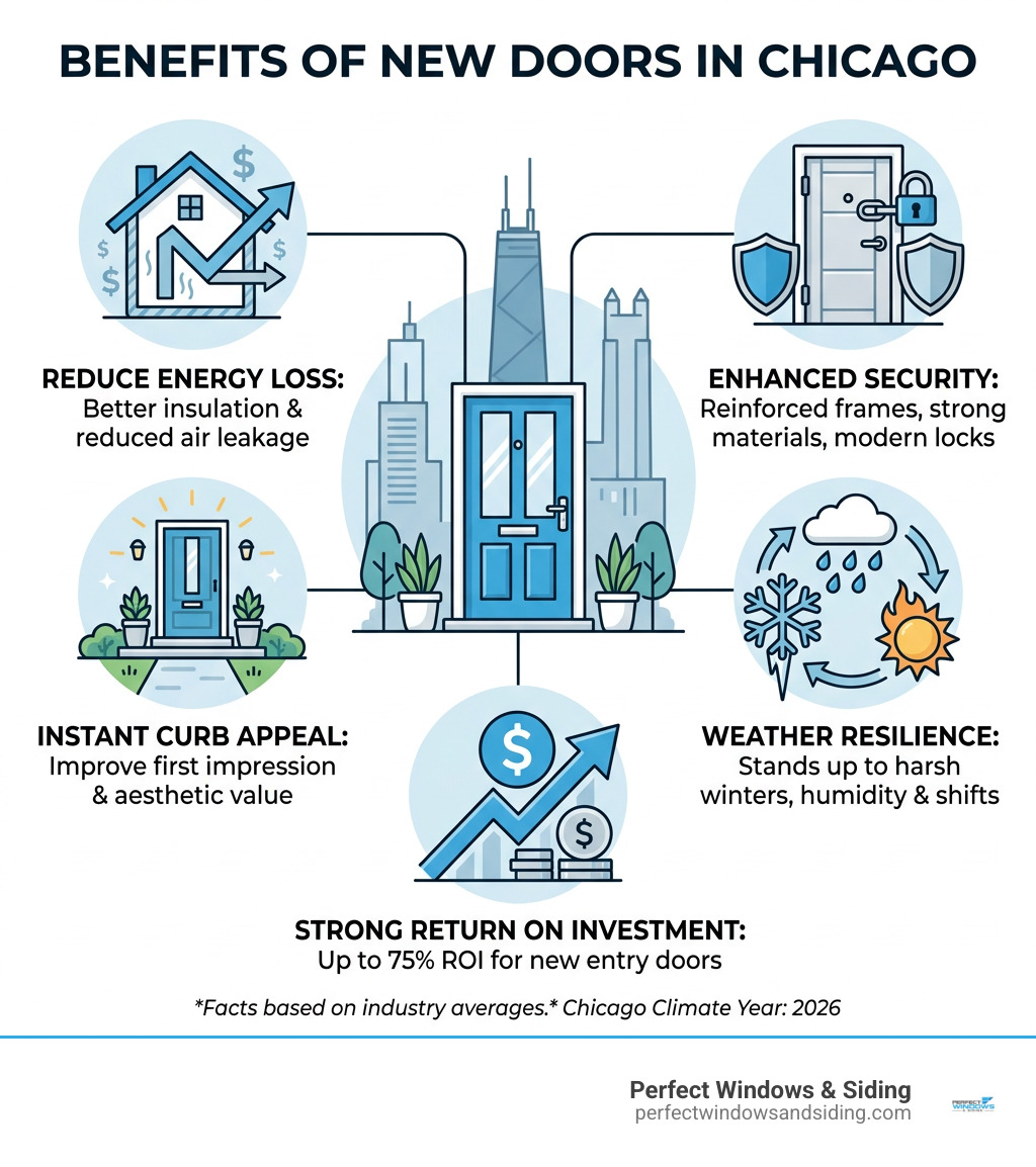 Infographic showing benefits of new door replacement in Chicago: energy savings, security, curb appeal, ROI, and climate