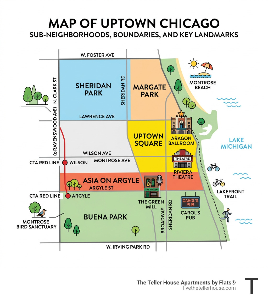 Map of Uptown Chicago sub-neighborhoods, boundaries, and key landmarks - moving to Uptown Chicago infographic 