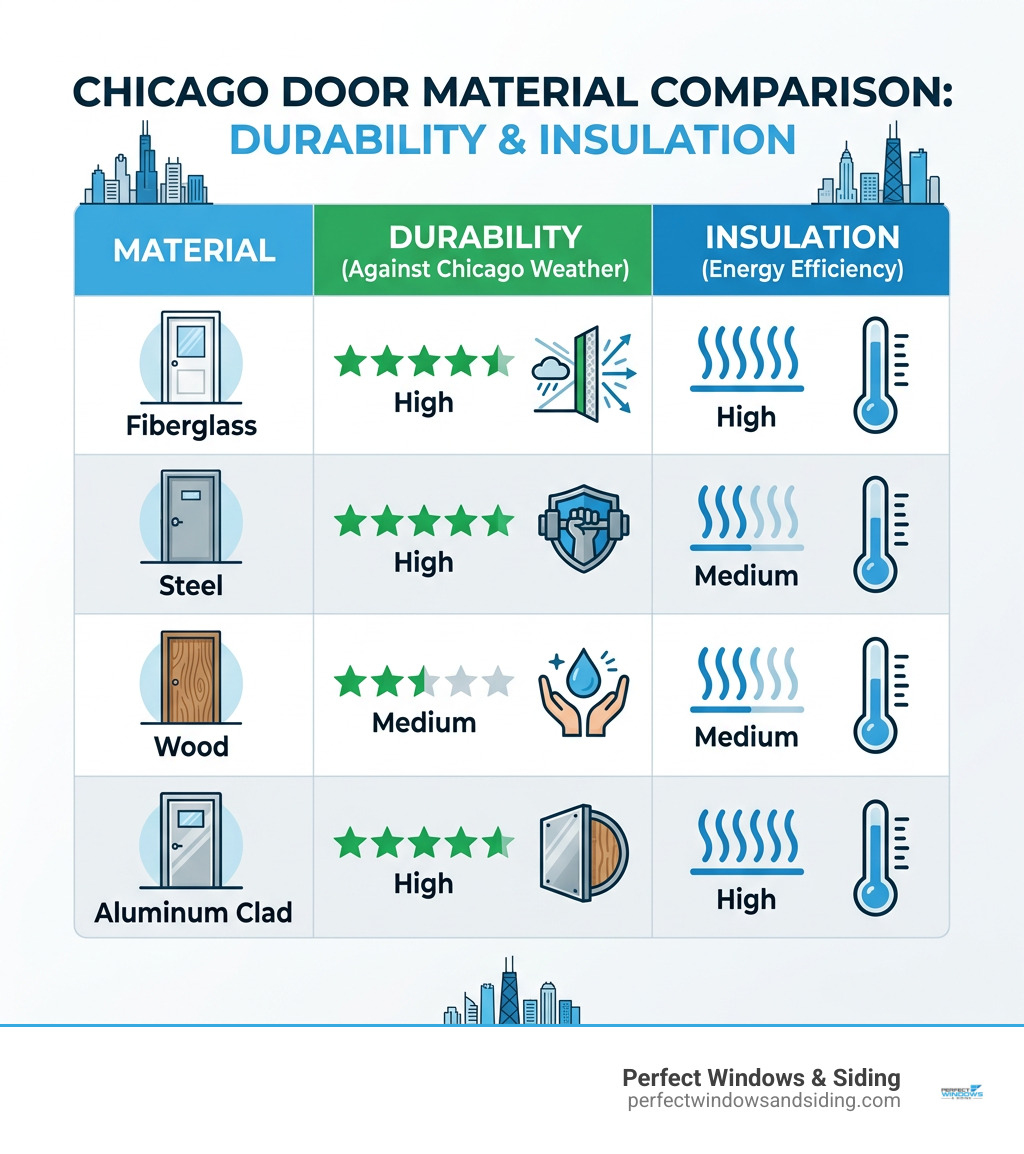 Table comparing door material durability and insulation: Fiberglass (High/High), Steel (High/Medium), Wood (Medium/Medium)
