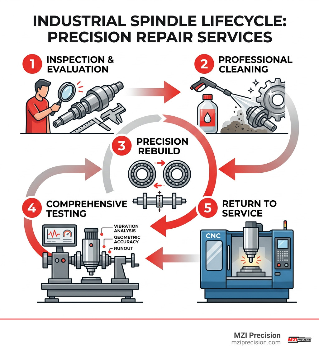 Industrial spindle lifecycle infographic: inspection, cleaning, rebuild, testing, return to service - Precision repair