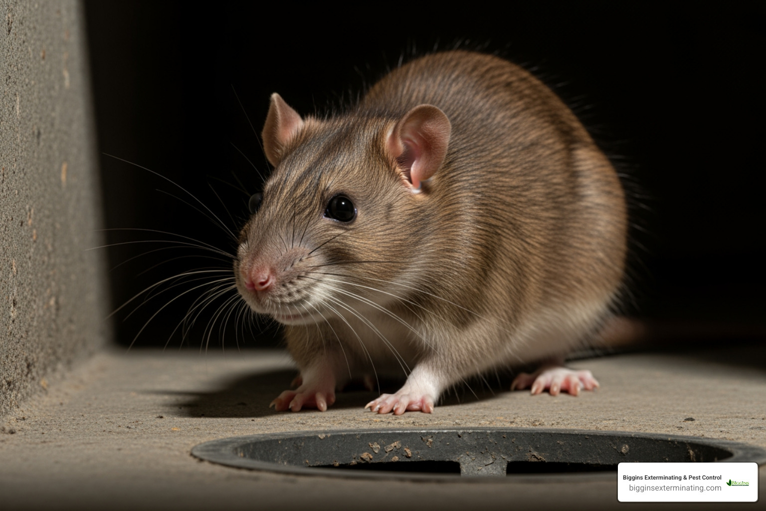 A large Norway rat near a basement drain - rodent proofing woburn homes