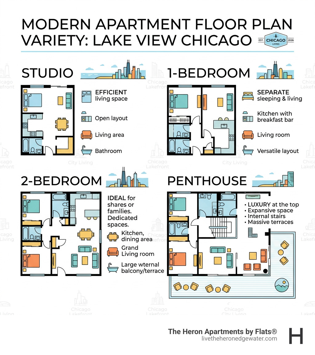 Modern apartment floor plan variety: studios, 1-bedrooms, 2-bedrooms, and penthouses - lake view apartments Chicago