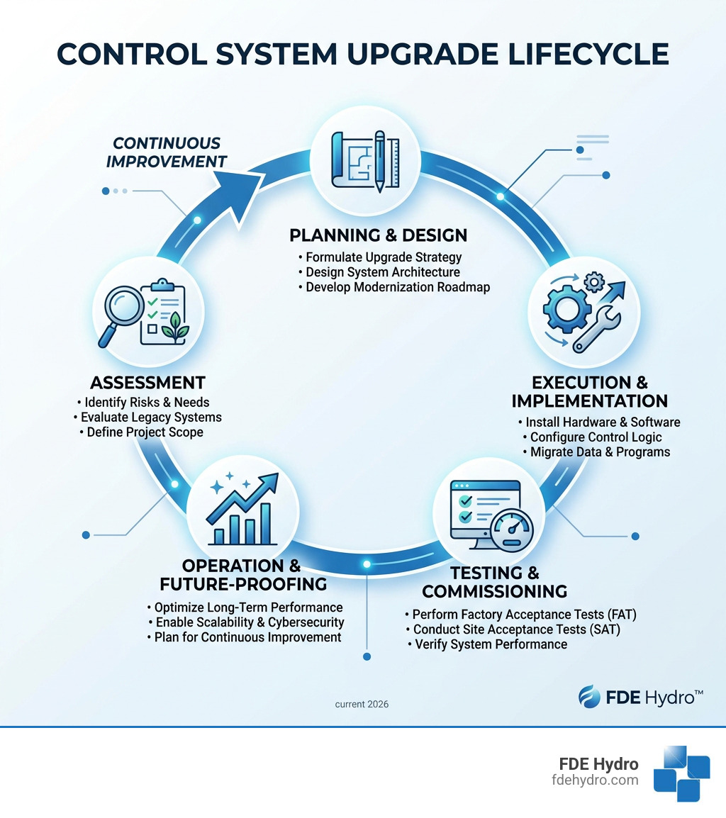Infographic showing the control system upgrade lifecycle from assessment to future-proofing - Control system upgrades