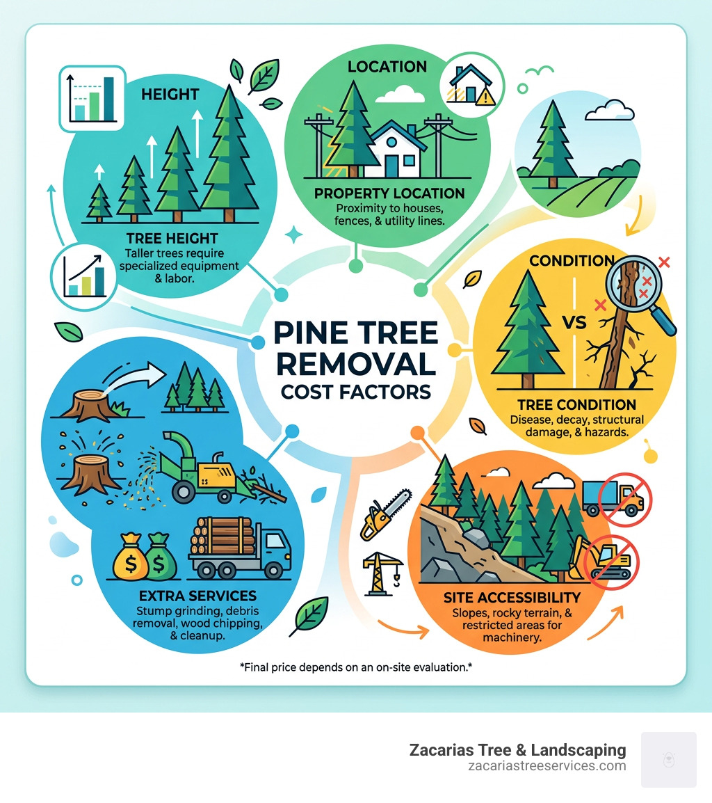 Pine tree removal cost factors infographic highlighting height, location, condition, and accessibility, with illustrations of trees, equipment, and services, relevant to Zacarias Tree & Landscaping's tree removal services.