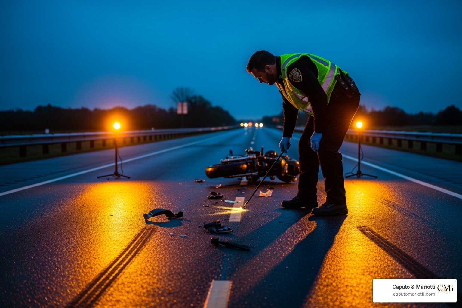 Accident reconstruction specialist analyzing a crash scene with a yellow and black theme - motorcycle wrongful death Accident reconstruction specialist analyzing a crash scene with a yellow and black theme - motorcycle wrongful death