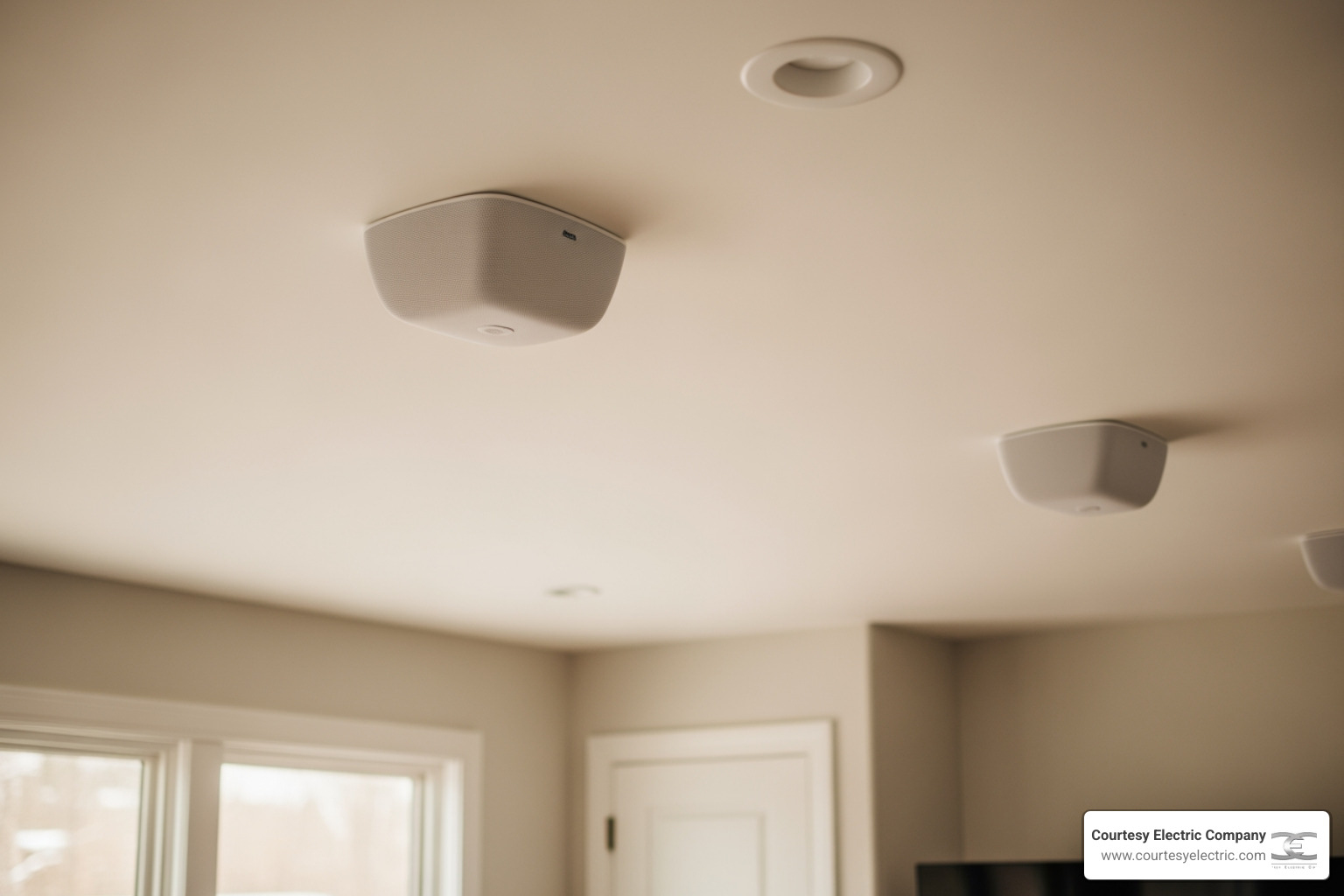 high-end architectural speakers installed seamlessly into a clean white ceiling - best whole-home audio services in high-end architectural speakers installed seamlessly into a clean white ceiling - best whole-home audio services in