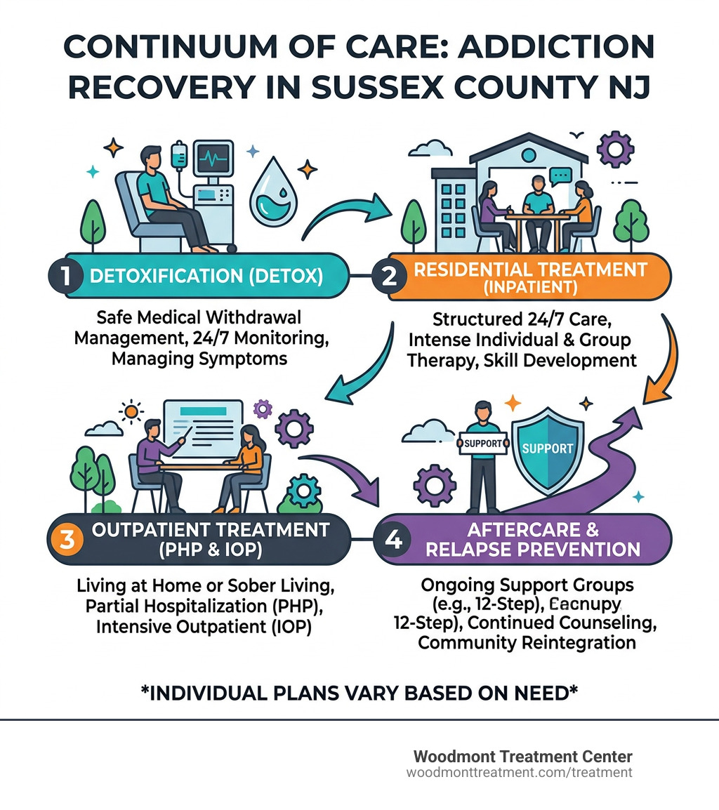 Continuum of care infographic from detox through residential treatment to outpatient and aftercare in Sussex County NJ