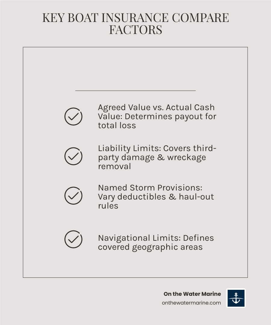 Infographic comparing key boat insurance policy elements: coverage type, liability limits, storm deductibles, navigational Infographic comparing key boat insurance policy elements: coverage type, liability limits, storm deductibles, navigational