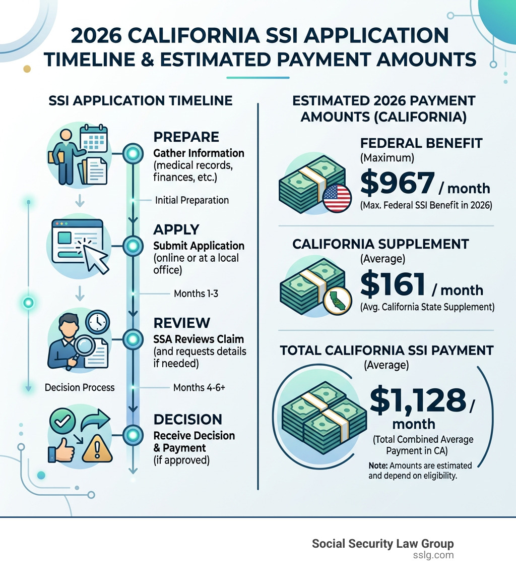 Infographic showing 2026 SSI application timeline and payment amounts in California - ssi long beach infographic 