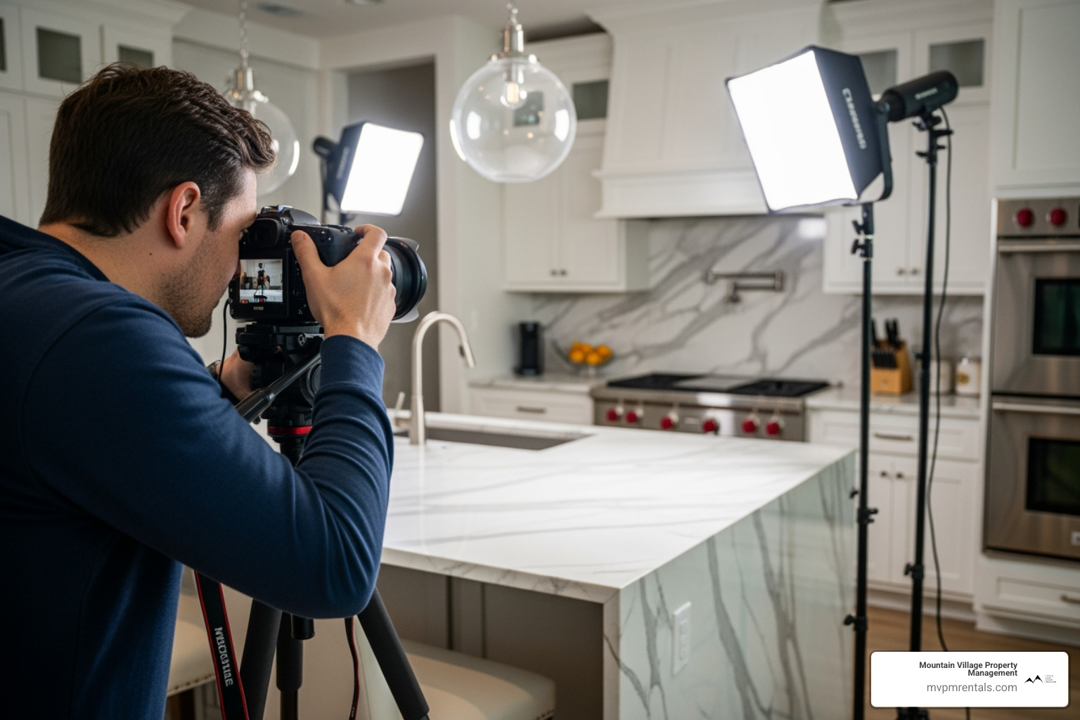 Professional photographer capturing a luxury kitchen for a rental listing - property management companies short term rentals Professional photographer capturing a luxury kitchen for a rental listing - property management companies short term rentals