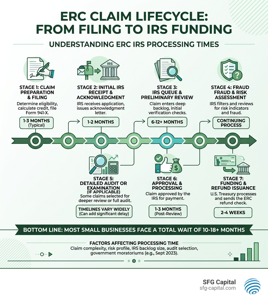 ERC claim lifecycle from filing to IRS funding with key stages and estimated timelines - erc irs processing time infographic 