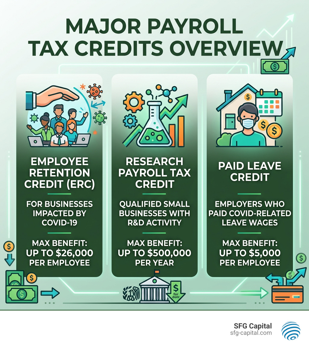Overview infographic of major payroll tax credits, eligibility, and maximum benefit amounts - payroll tax credit infographic Overview infographic of major payroll tax credits, eligibility, and maximum benefit amounts - payroll tax credit infographic