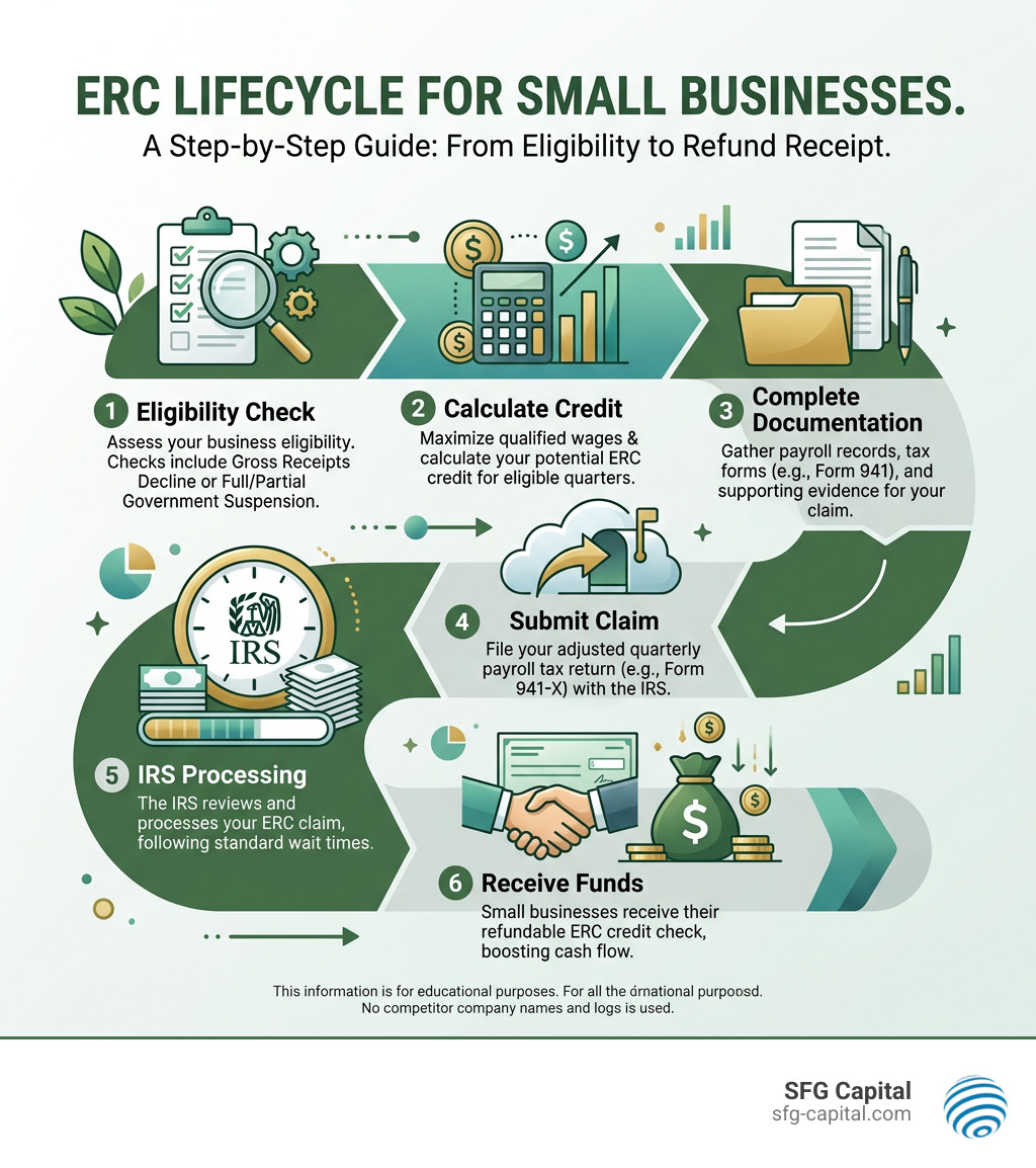 ERC lifecycle infographic from eligibility check to refund receipt for small businesses - erc for small business infographic 