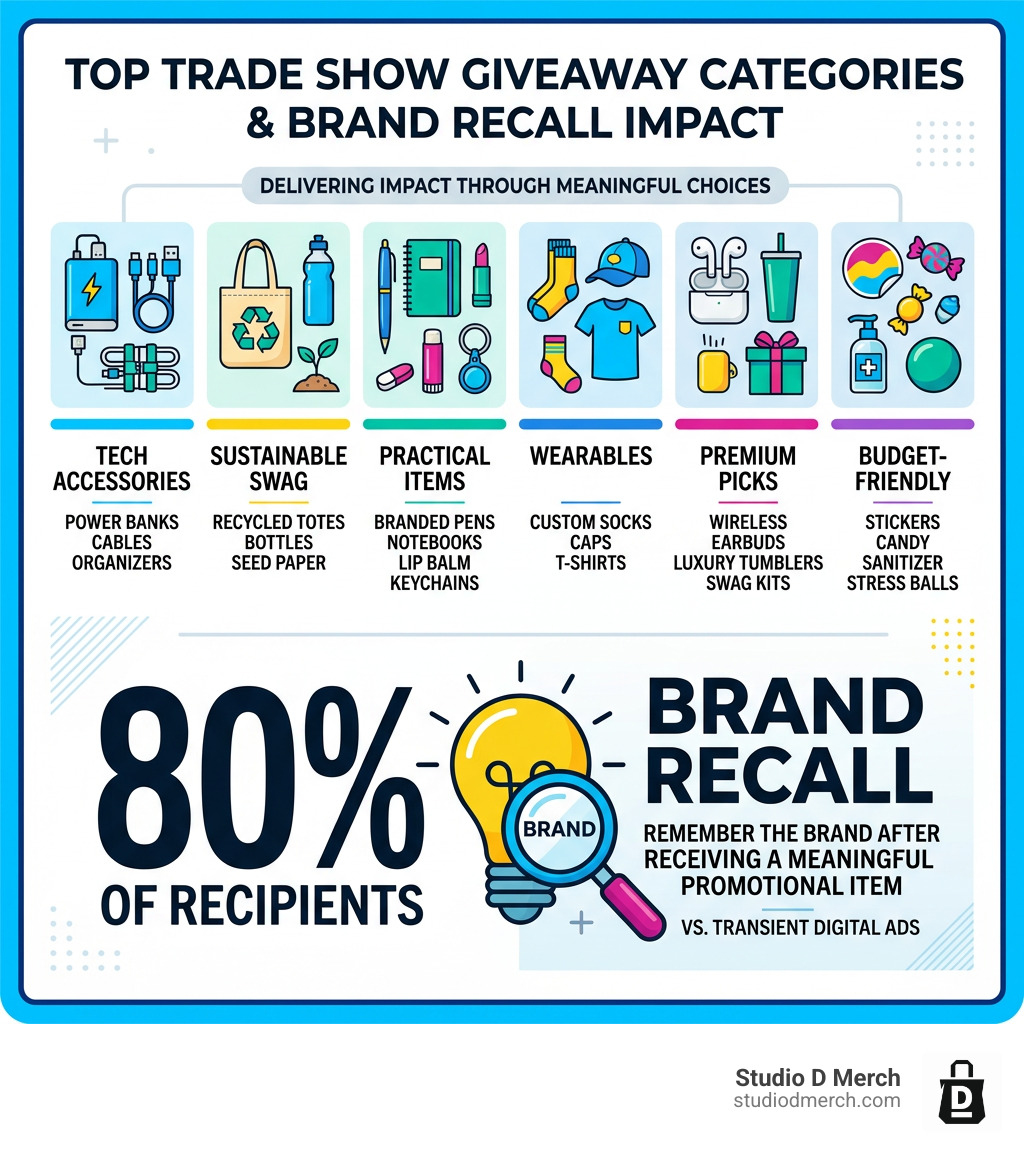 Infographic showing top trade show giveaway categories and the 80% brand recall stat from meaningful promotional items