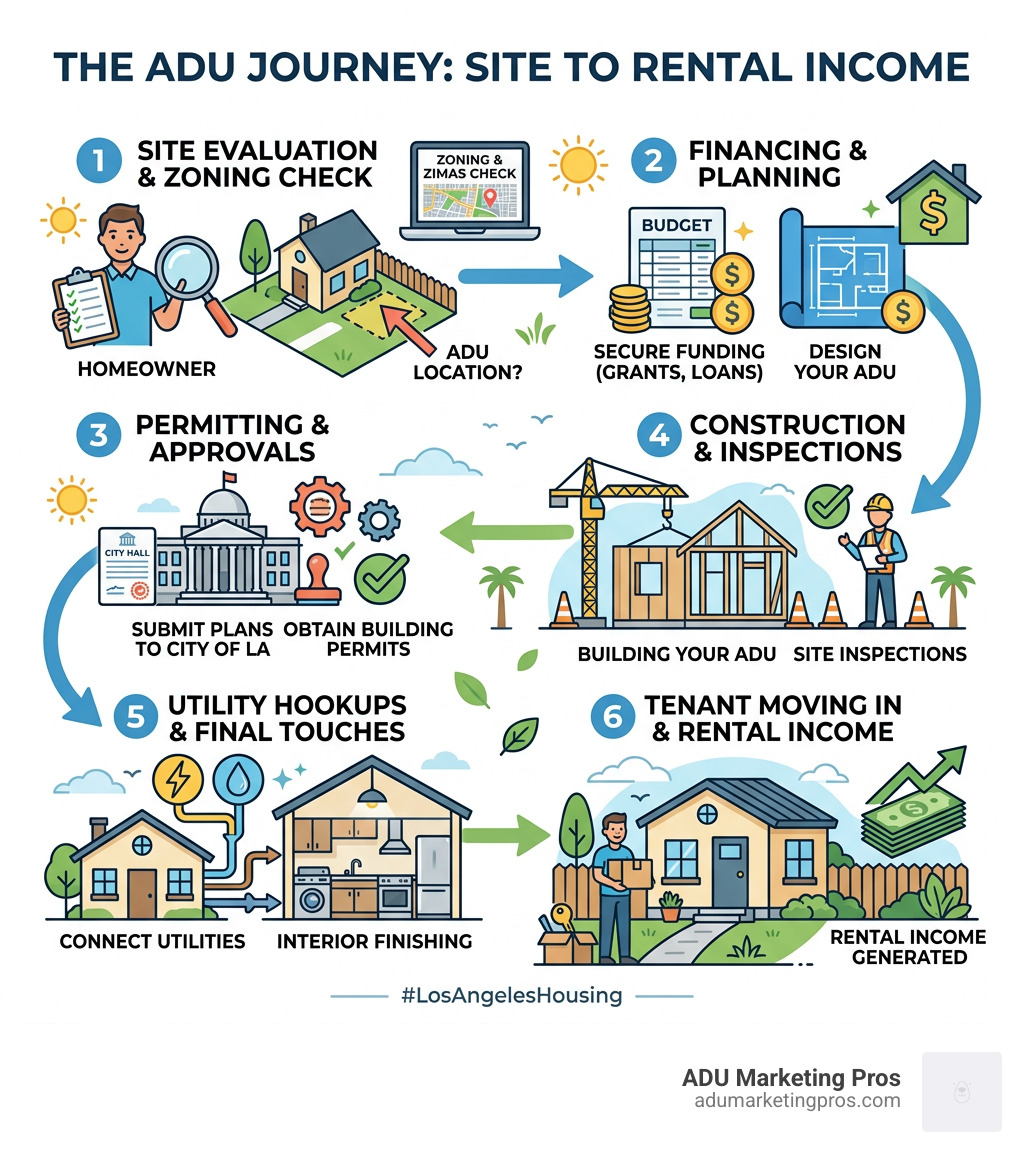 Infographic showing ADU lifecycle from site evaluation to rental income generation in Los Angeles - affordable ADU