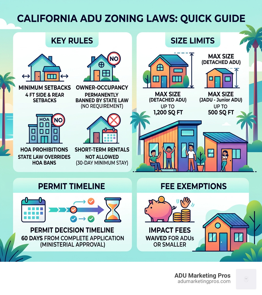 Infographic showing California ADU zoning laws key rules, permit timeline, size limits, and fee exemptions - california adu