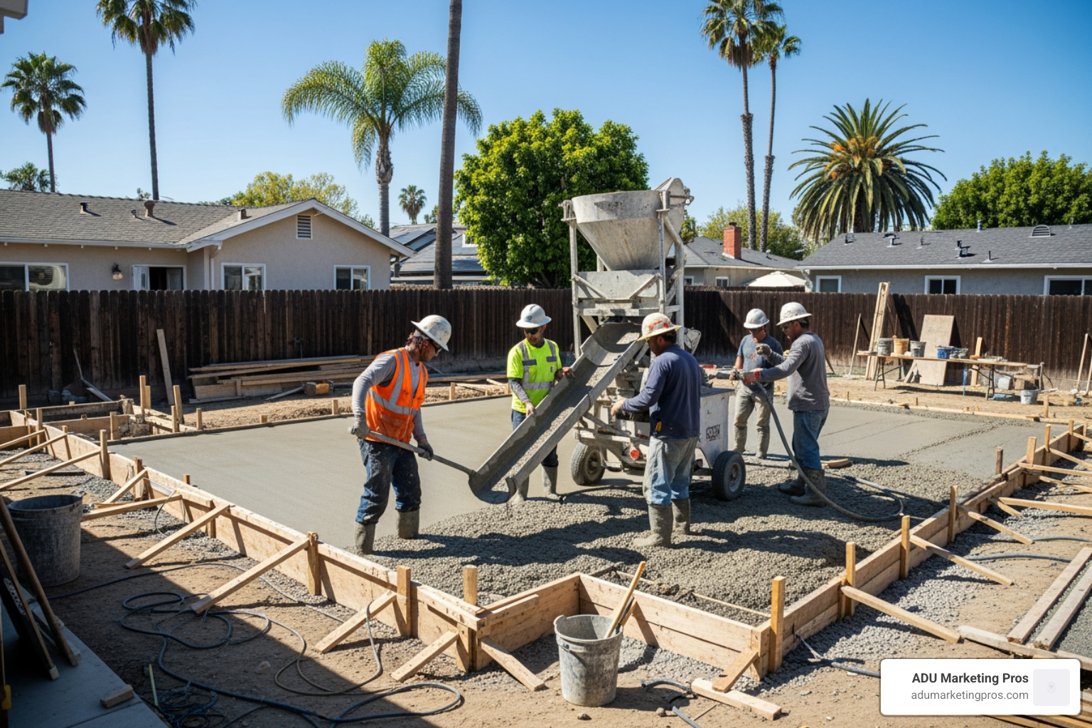 Construction crew pouring a concrete foundation for a small backyard home in Los Angeles - affordable ADU construction Los