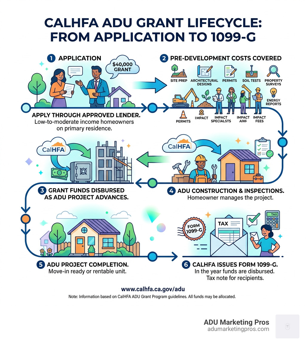 CalHFA ADU grant lifecycle infographic from application to 1099-G issuance showing key steps and costs covered - www calhfa