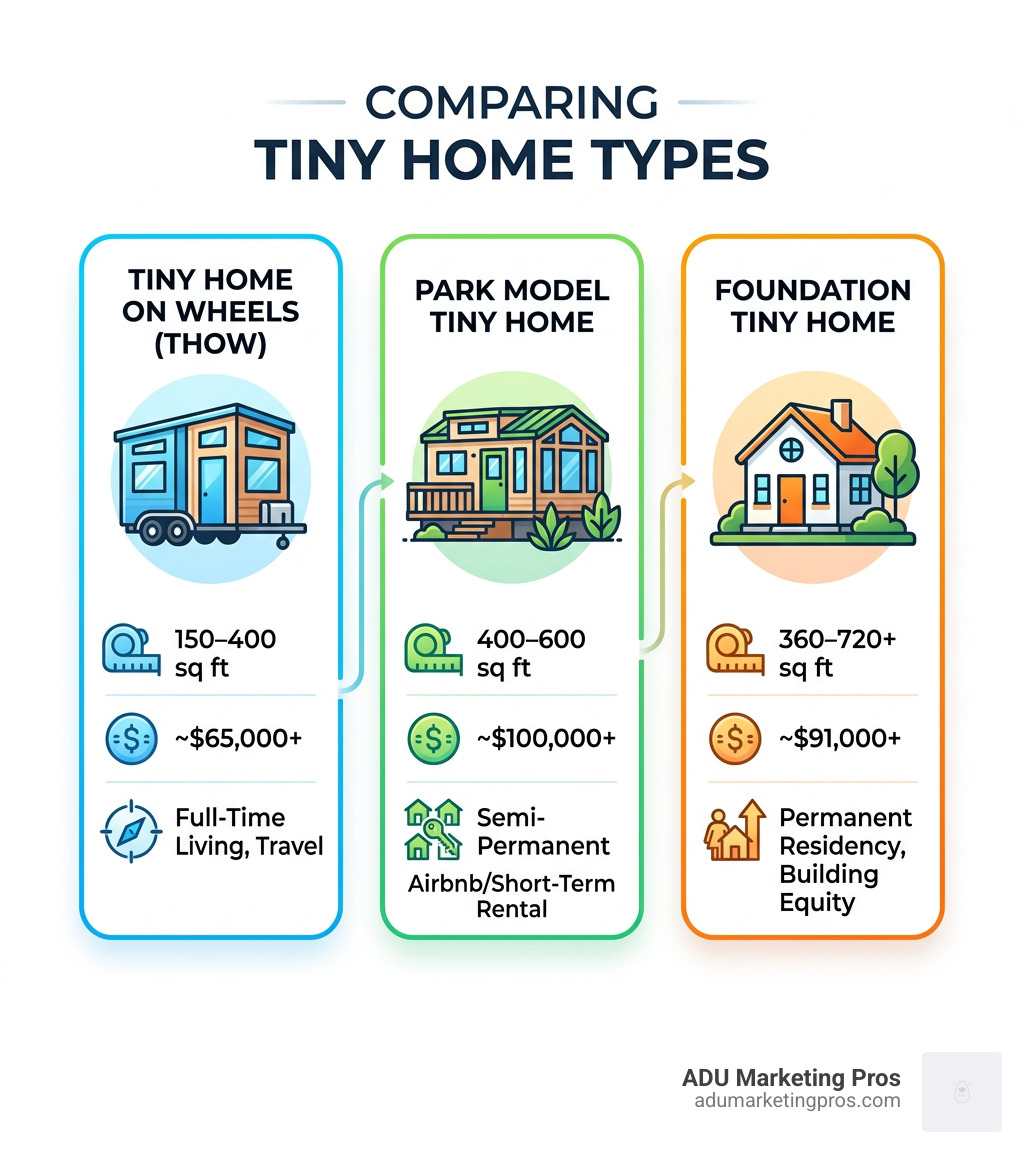 Infographic comparing Tiny Homes on Wheels, Park Models, and Foundation-based Small Homes with size, price, and use case