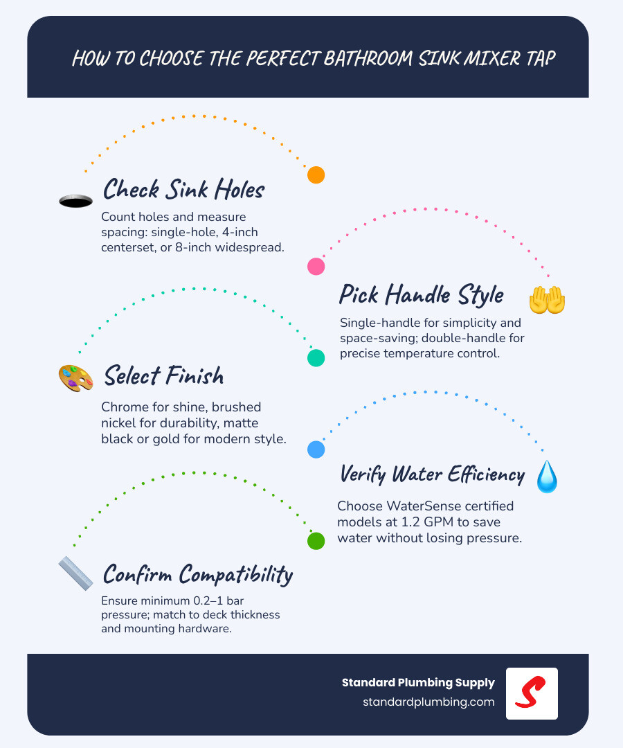 Infographic: How to choose a bathroom sink mixer tap - hole config, handle type, finish, flow rate, budget - bathroom sink