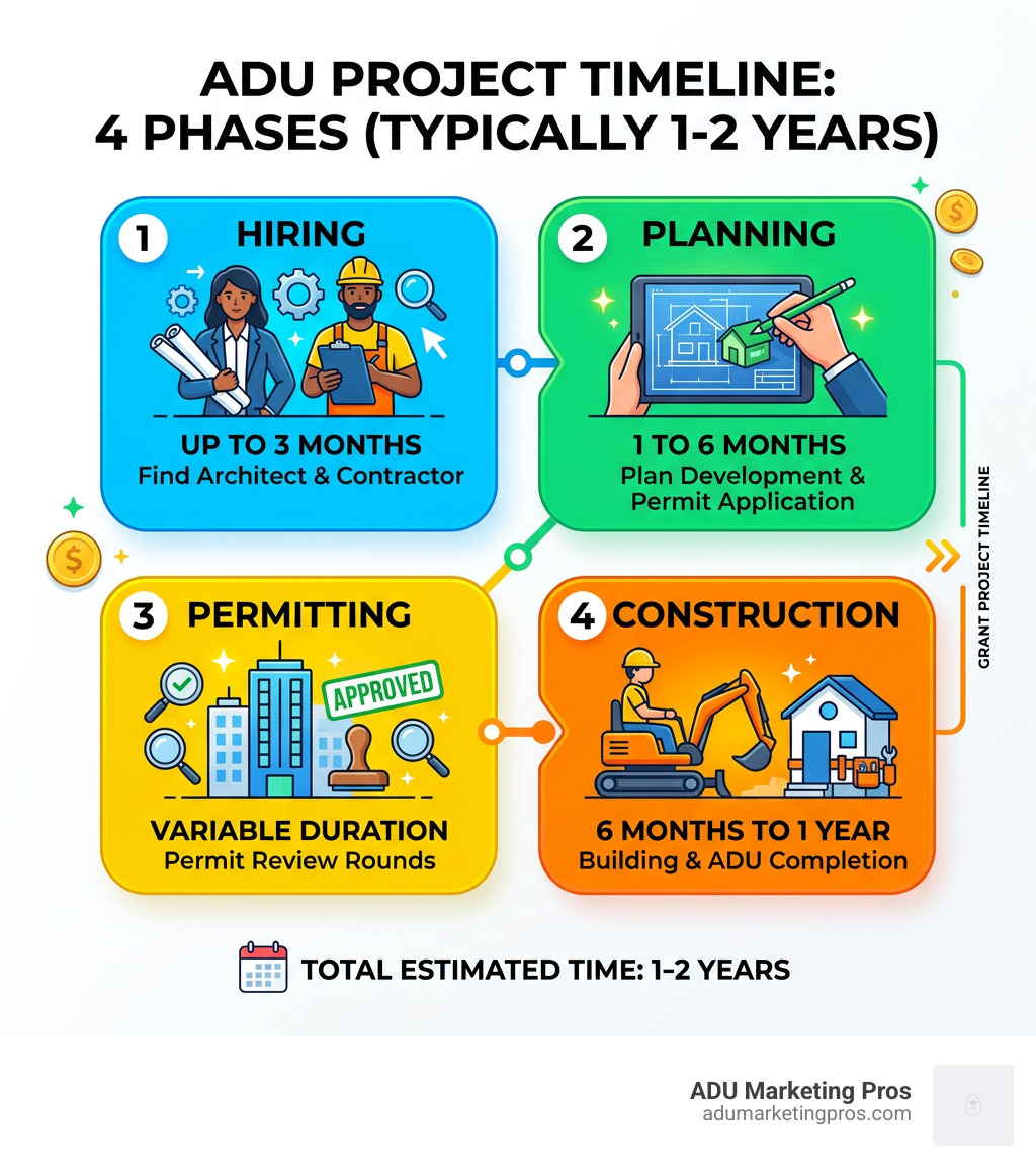 Infographic showing 4 phases of ADU development: Hiring, Planning, Permitting, and Construction with durations - ADU grant