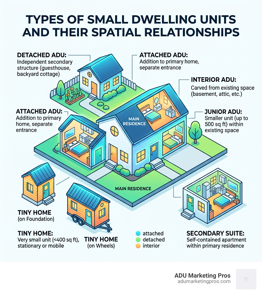 Types of small dwelling units and their spatial relationships to a primary residence infographic - Small dwelling units