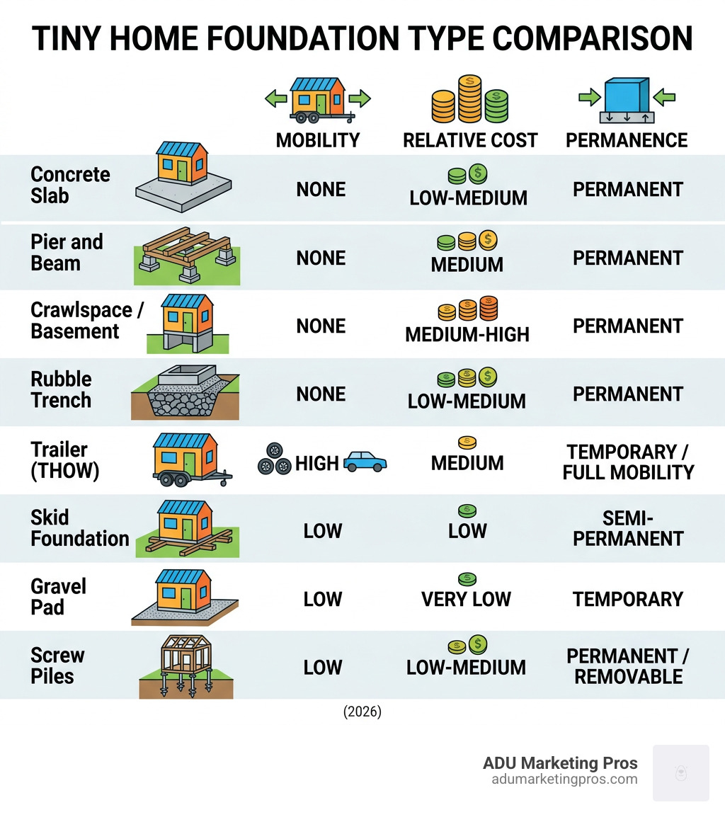 Infographic comparing tiny home foundation types by mobility, cost, and permanence - tiny home foundation options