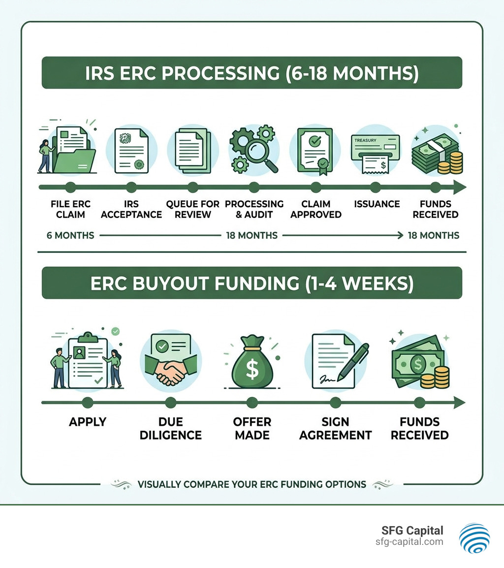 Timeline comparison: IRS ERC processing (6-18 months) vs. ERC buyout funding (1-4 weeks) with key steps - employee retention