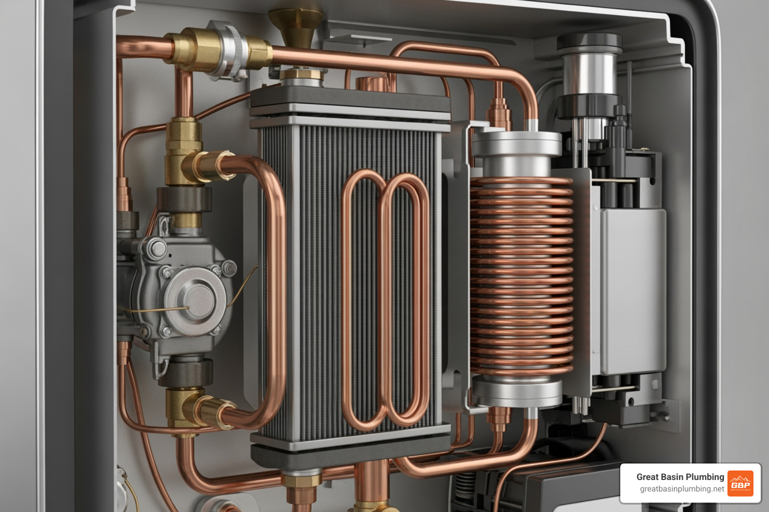 Internal components of a tankless water heater showing heat exchanger and burners - continuous water heater Internal components of a tankless water heater showing heat exchanger and burners - continuous water heater