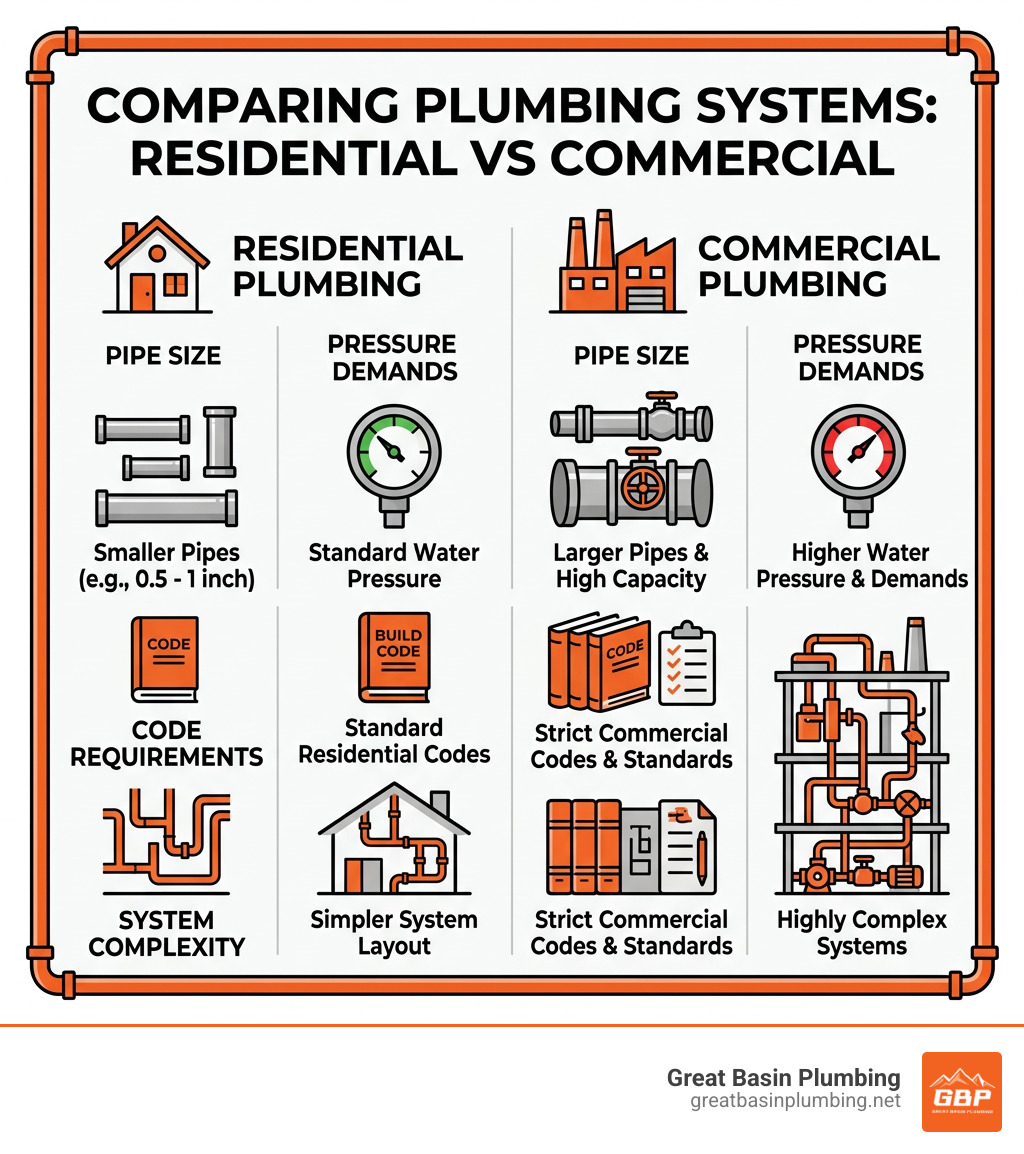 Infographic comparing residential vs commercial plumbing systems: pipe size, pressure demands, code requirements, system
