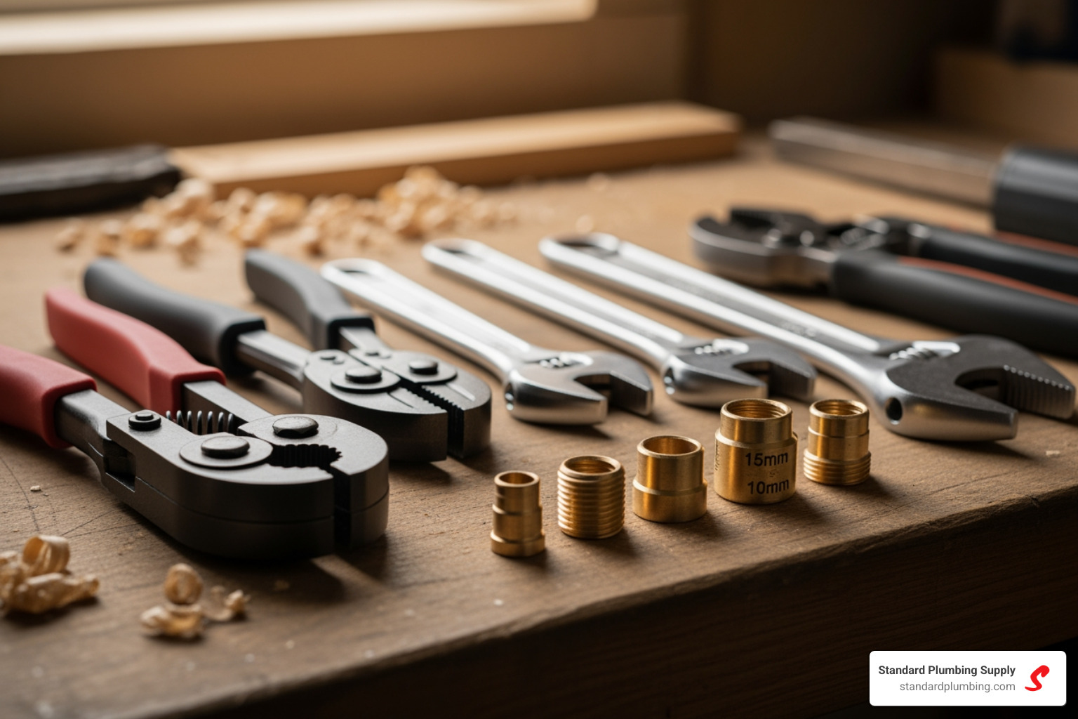 Professional plumbing tools for plastic pipe including cutters, spanners, and inserts - 10mm plastic pipe to radiator valve Professional plumbing tools for plastic pipe including cutters, spanners, and inserts - 10mm plastic pipe to radiator valve