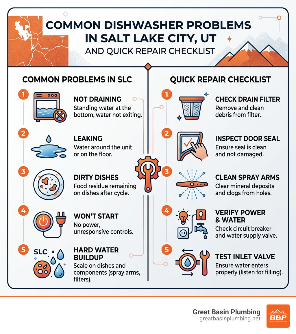 Common dishwasher problems in Salt Lake City UT and quick repair checklist infographic - dishwasher repair salt lake city ut Common dishwasher problems in Salt Lake City UT and quick repair checklist infographic - dishwasher repair salt lake city ut