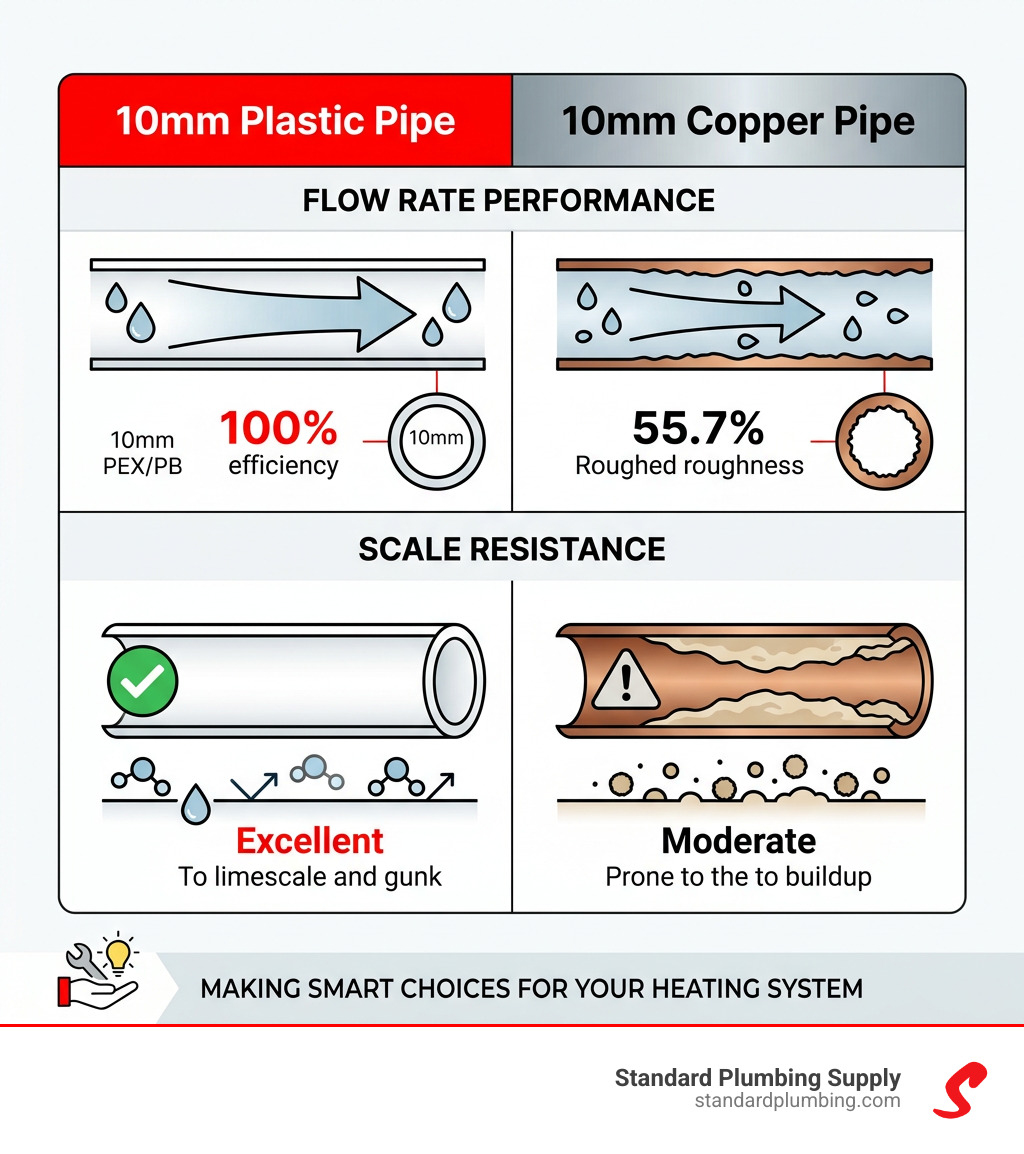 Table comparing 10mm plastic vs. 10mm copper pipe performance showing flow rate and scale resistance - 10mm plastic pipe to Table comparing 10mm plastic vs. 10mm copper pipe performance showing flow rate and scale resistance - 10mm plastic pipe to